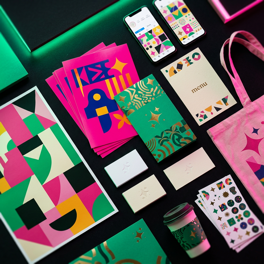 Premium flatlay of Irish small business design samples — flyers, business cards, logos and menus
